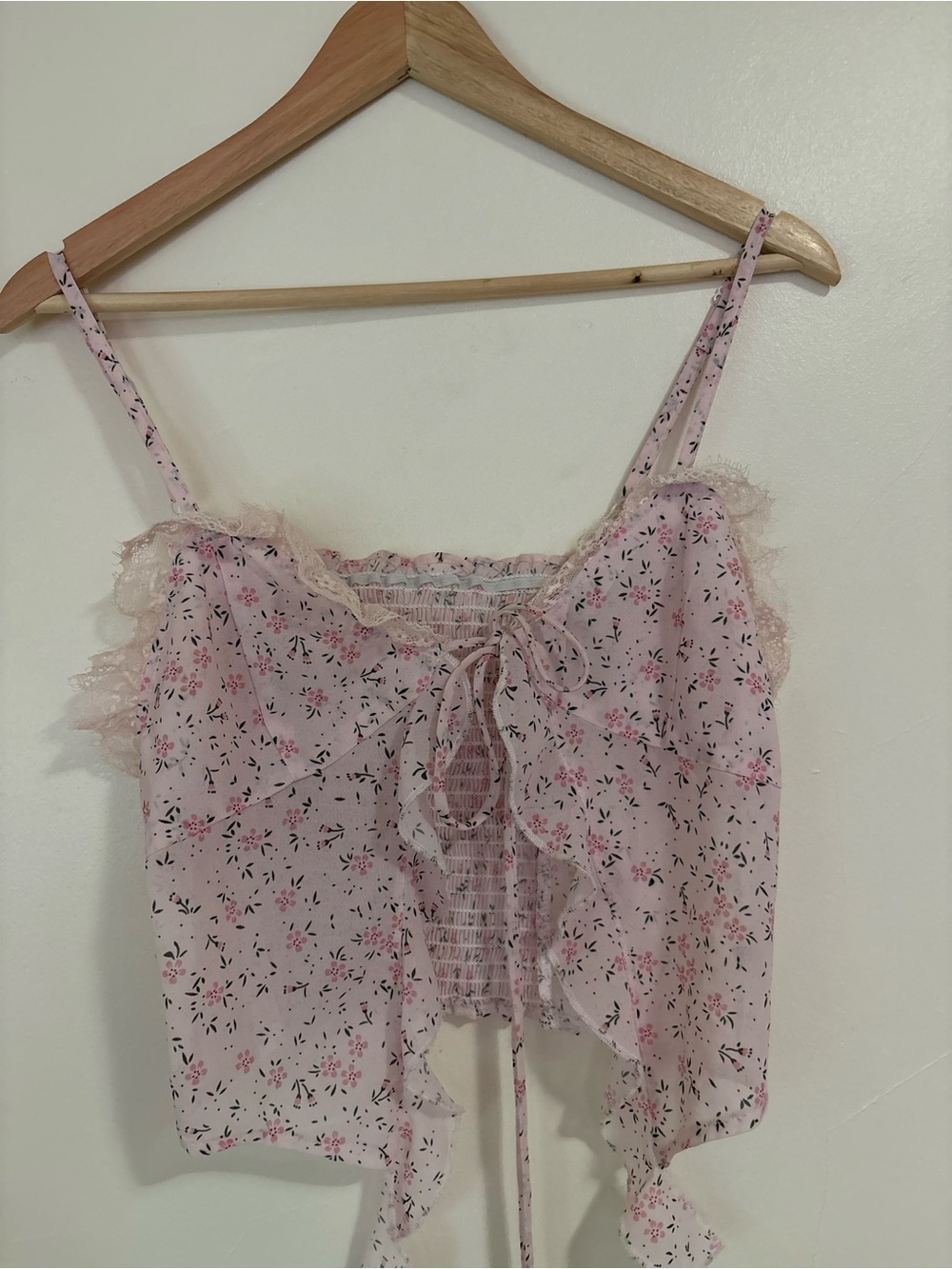 Floral Lace Trim Tie Front Cami Crop Top Fairy Coquette Balletcore S - Picture 2 of 12